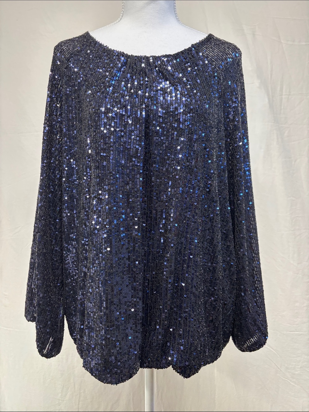 Women's Navy Sequin Long Sleeve Pullover Top